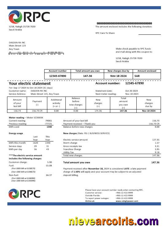 Premium Saudi Arabia Rabigh Power Company Business Utility Bill, Word And PDF Template