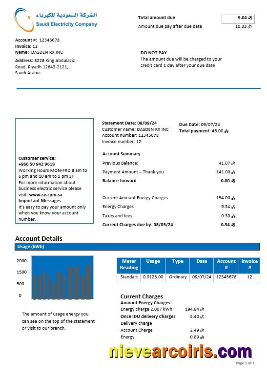 Editable Saudi Arabia Saudi Electricity Company Electricity Business Utility Bill Template In Word And PDF Formats