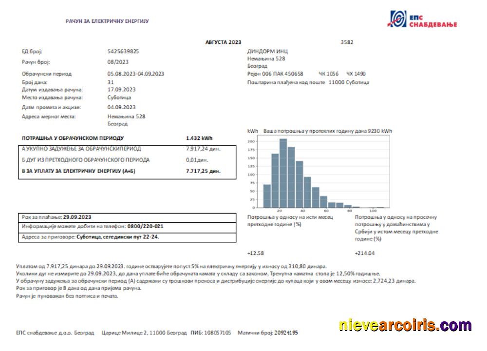 Serbia Electricity Proof Of Address Utility Business Bill, SCR Sample