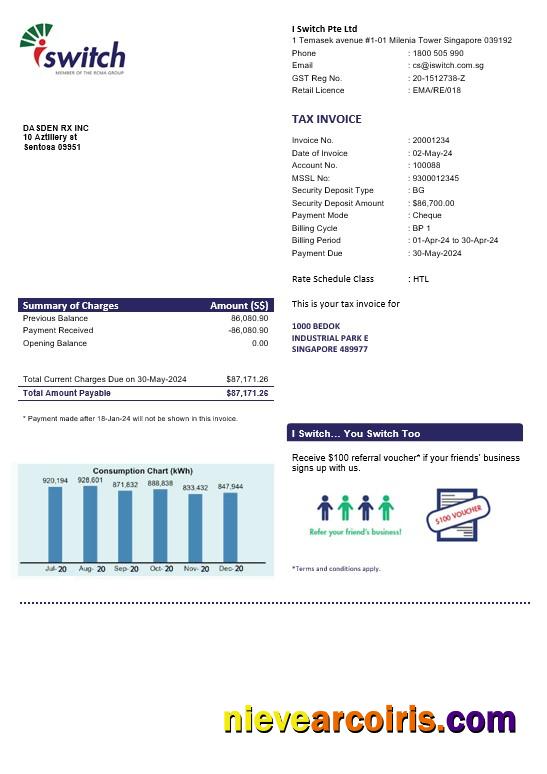 Editable Singapore I Switch Electricity Business Utility Bill Template In Word And PDF Formats