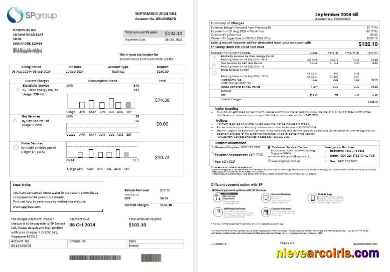 Professional Singapore SP Group Business Utility Bill Template In Word And PDF Formats (2 Pages)