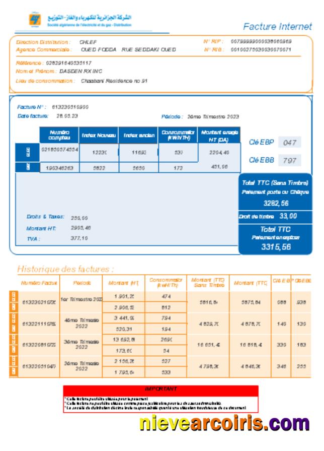 Societe Algerien Distribution Internet Utility Business Bill, SCR Sample