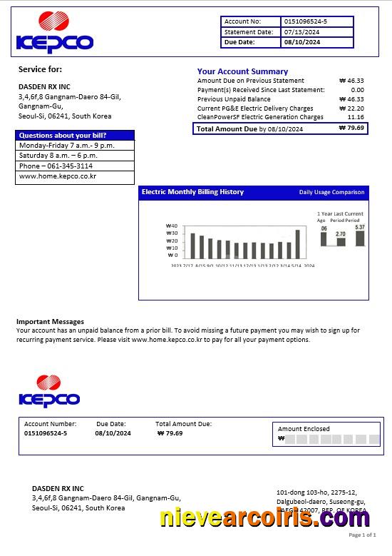 Editable South Korea Electric Power Corporation Electricity Business Utility Bill Template In Word And PDF Formats