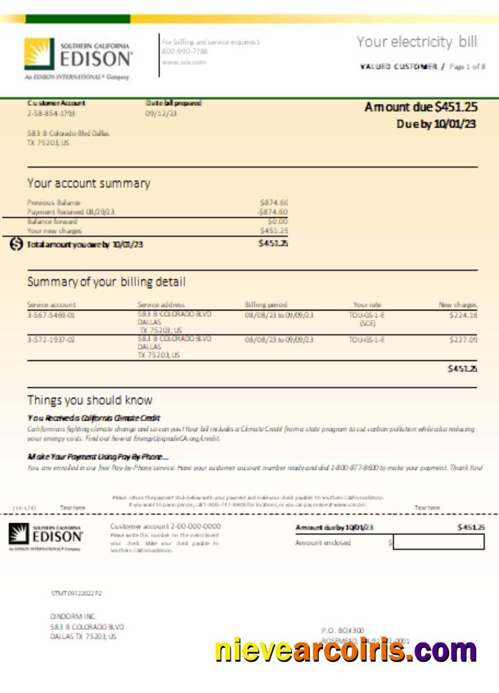 Southern California EDISON Utility Business Bill, Page 1 SCR Sample