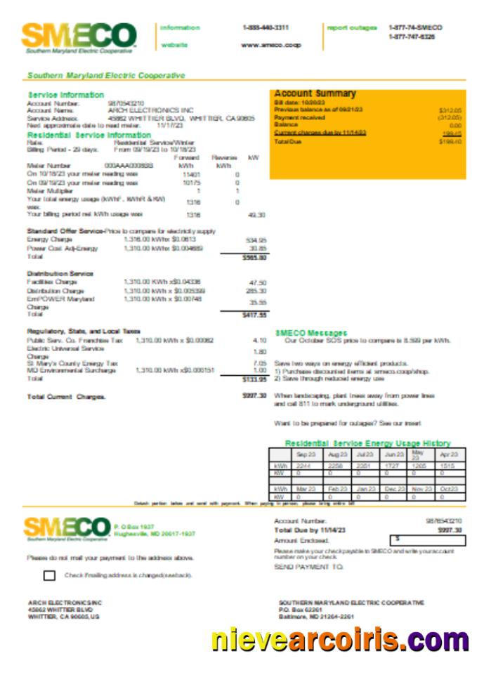 Southern Maryland Electric Cooperative SMECO Utility Business Bill, SCR Sample