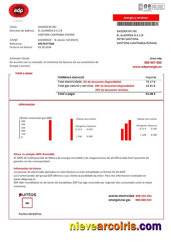 Editable Spain EDP Energia Business Utility Bill Template In Word And PDF Formats