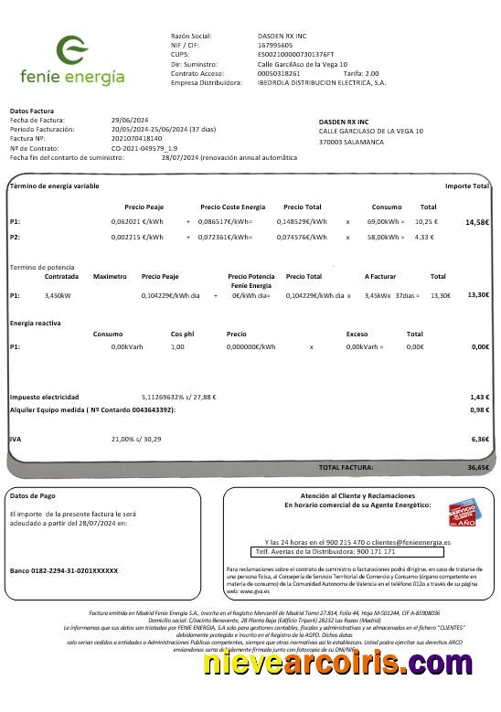 Realistic Spain Feníe Energía Business Utility Bill Template In Word And PDF Formats