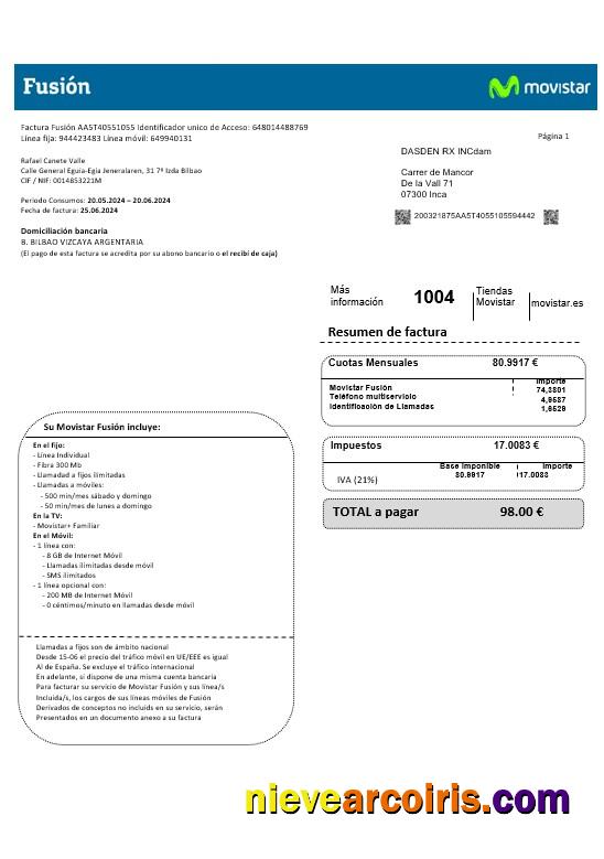 Spain Movistar Fusion Telecom Operator Business Utility Bill Document In Word And PDF Formats Preview