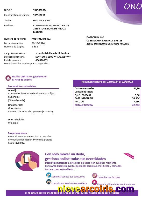 Realistic Spain ONO Easy Fillable Business Utility Bill Template In Word And PDF Formats