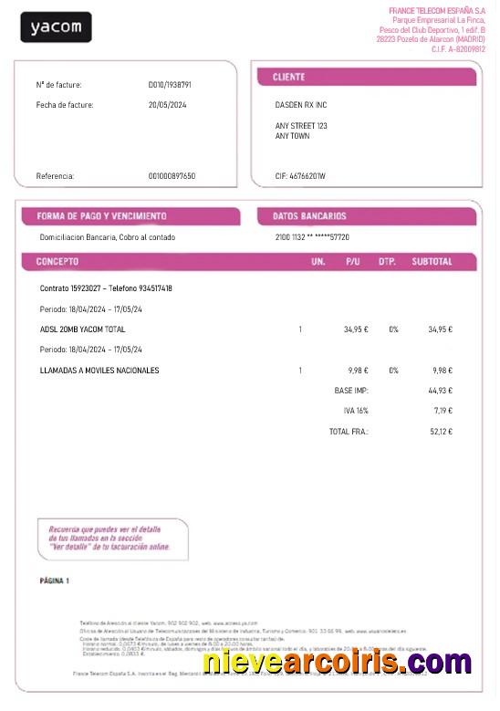 Editable Spain Yacom Business Utility Bill Word And PDF Template