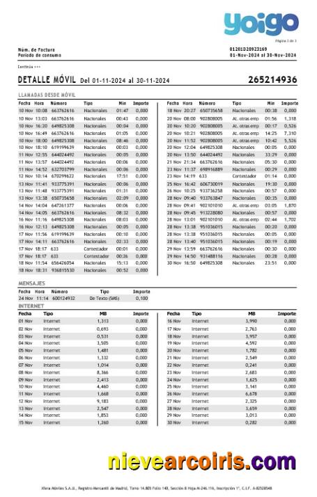 Spain Yoigo Internet Business Utility Bill In Word And PDF Formats, 3 Page Photolook