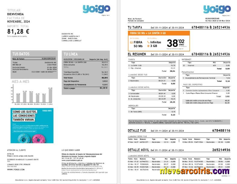 Spain Yoigo Internet Business Utility Bill In Word And PDF Formats, 3 Pages Preview