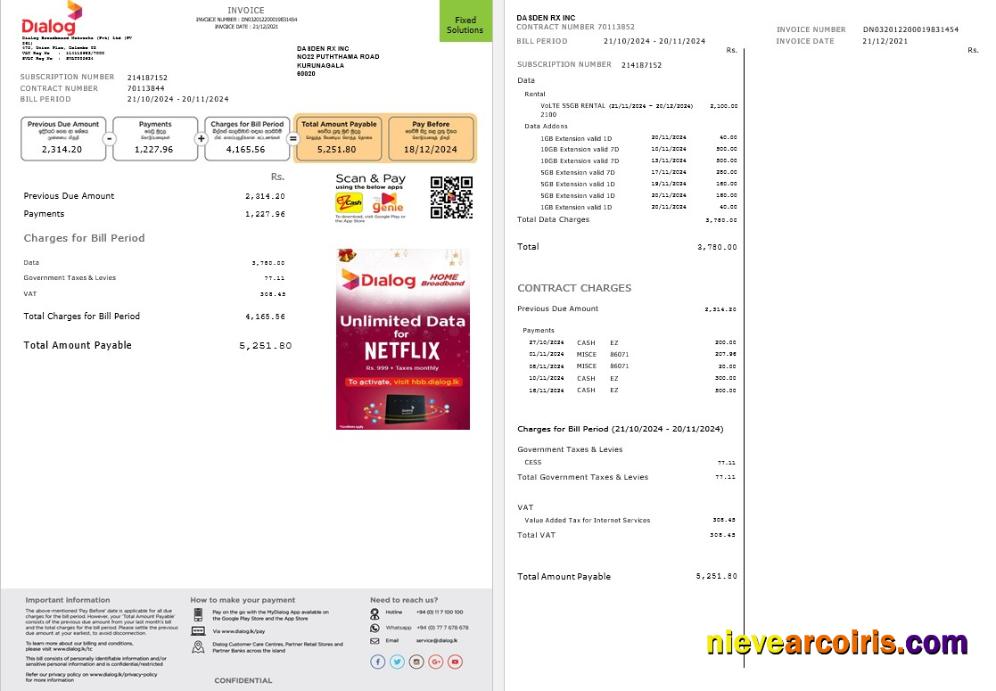 Premium Sri Lanka Dialog Business Utility Bill Template In Word And PDF Formats, 2 Pages