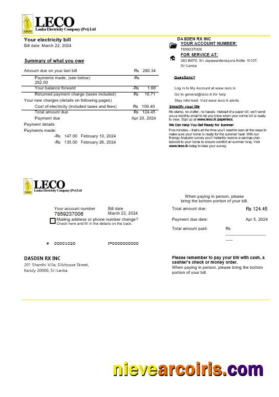 Professional Sri Lanka LECO Company Electricity Business Utility Bill Template In Word And PDF Formats