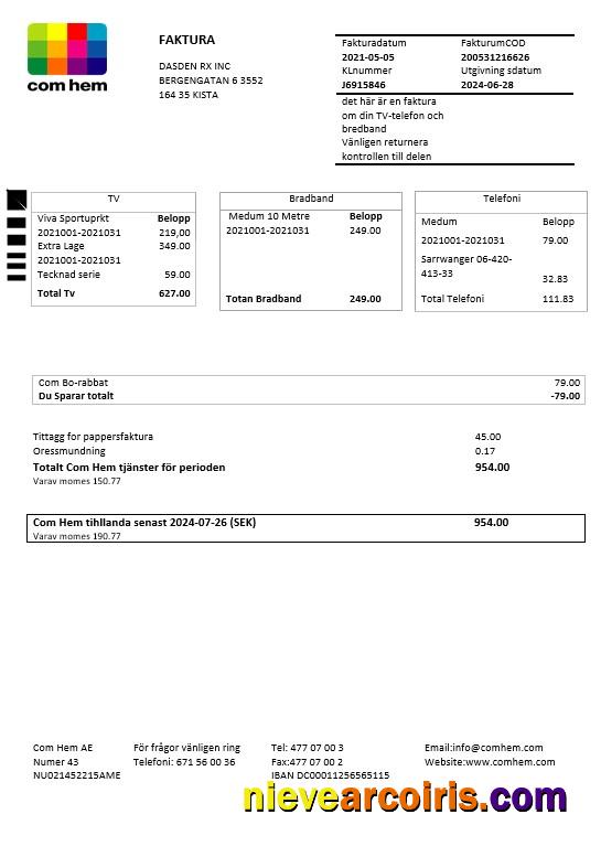Professional Sweden Com Hem Business Utility Bill Template In Word And PDF Formats