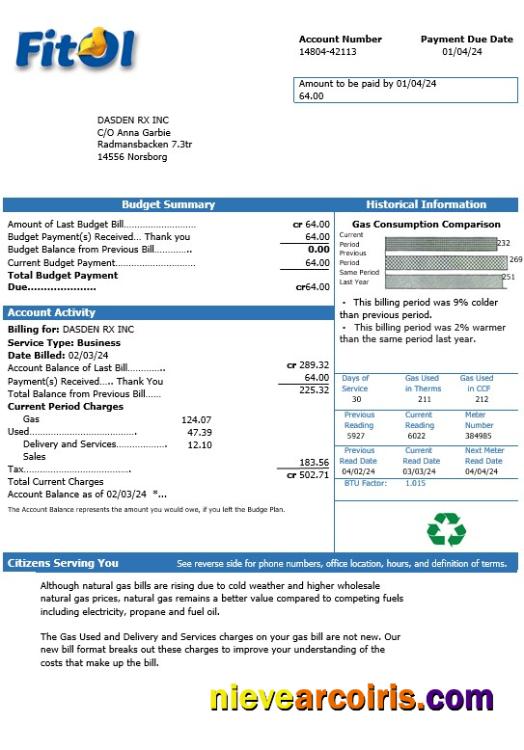 Professional Sweden Fitol Gas Business Utility Bill Template In Word And PDF Formats