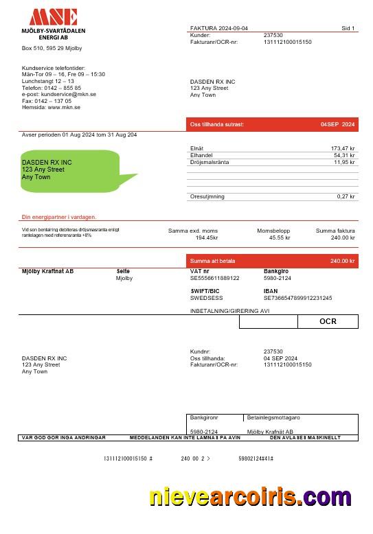 Premium Sweden Mjölby Kraftnat AB Business Utility Bill Template In Word And PDF Formats