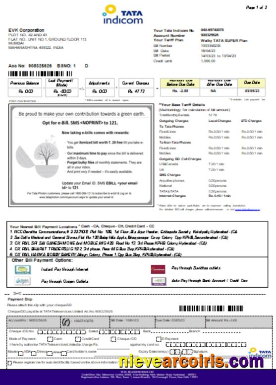 Tata Indicom Mobile Utility Business Bill, Page 1, SCR Sample