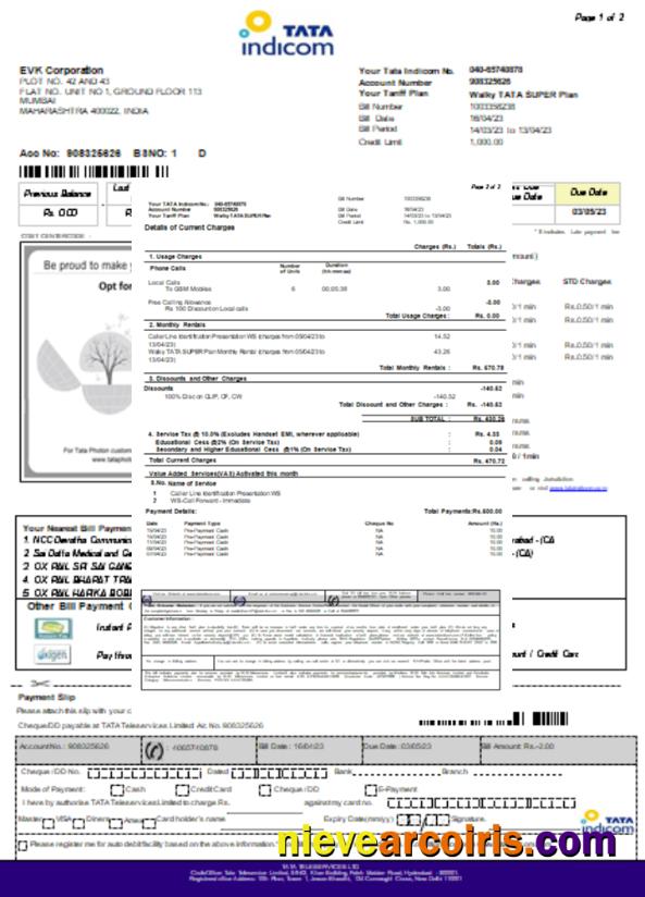 Tata Indicom Mobile Utility Business Bill, Page 2, SCR Template