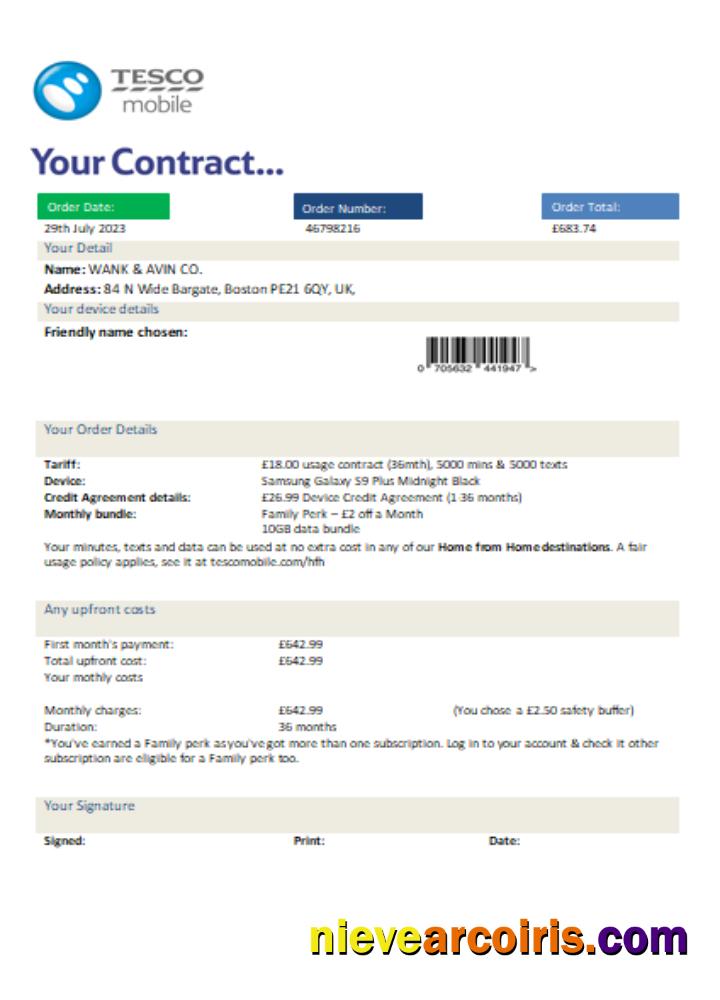 Tesco Mobile Utility Business Bill, SCR Template
