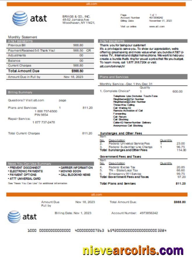 Texas AT&T Telecommunications Business Utility, Bill, SCR Template