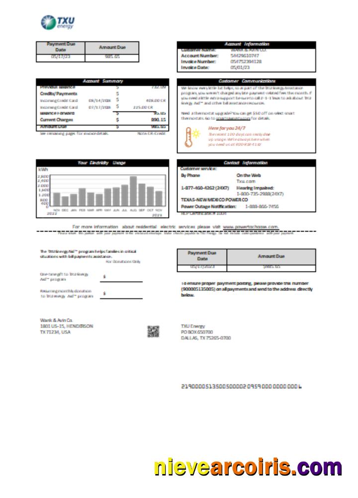 Texas TXU Energy Utility Business Bill SCR Template