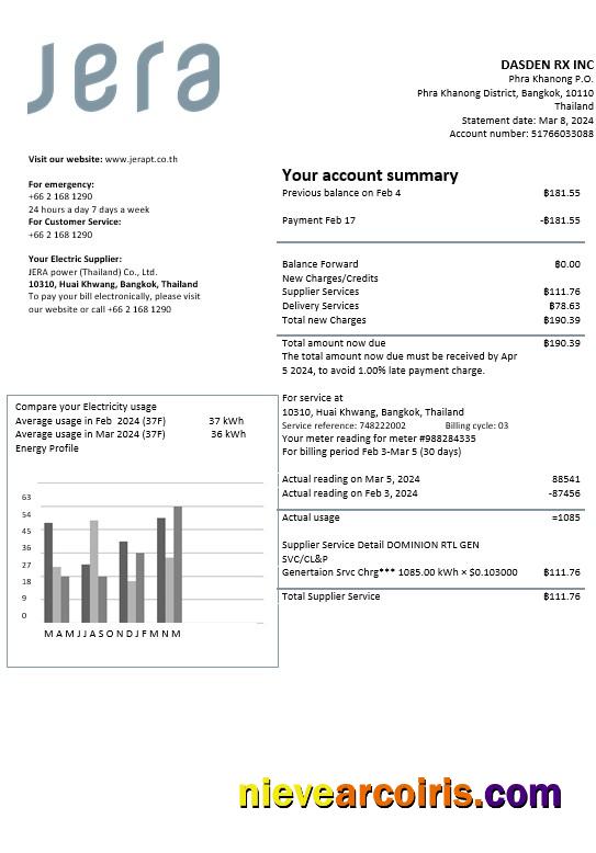 Professional Thailand JERA Power Business Utility Bill Template In Word And PDF Formats