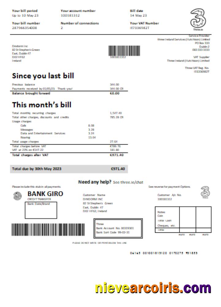 Three Ireland (Hutchison) Limited Utility Business Bill, GO Template