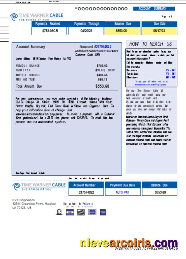 Time Warner Cabel Utility Business Bill, Page 1, SCR Template