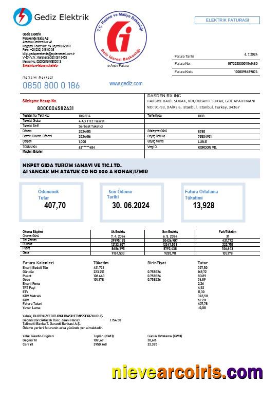 Realistic Turkey Gediz Elektrik Business Utility Bill Template In Word And PDF Formats, Fully Editable