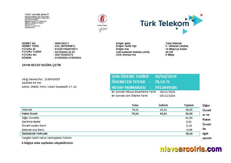 Professional Turkey Turktelekom Business Utility Bill Template In Word And PDF Formats, Fully Editable