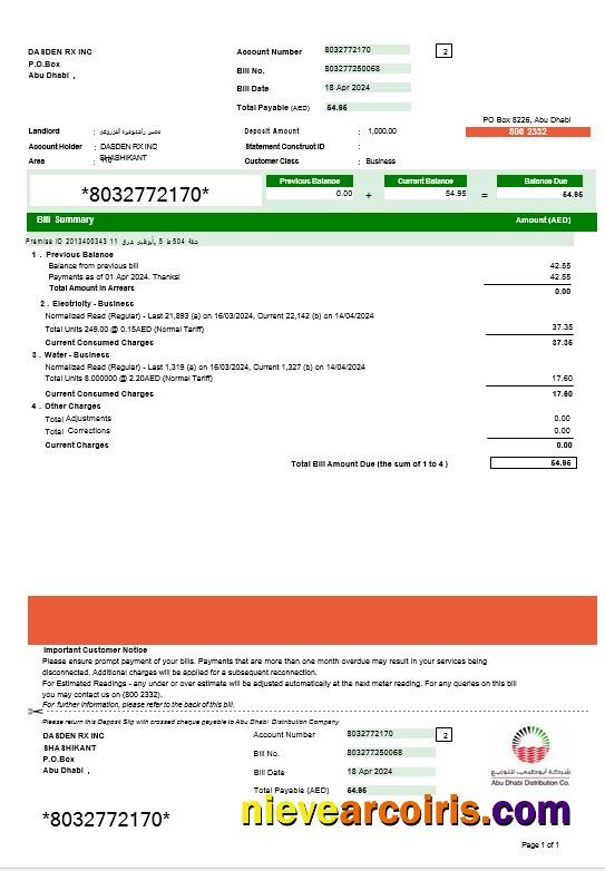 Realistic UAE ABU DHABI DISTRIBUTION 7 CO. Business Utility Bill Word And PDF Template, Version 2