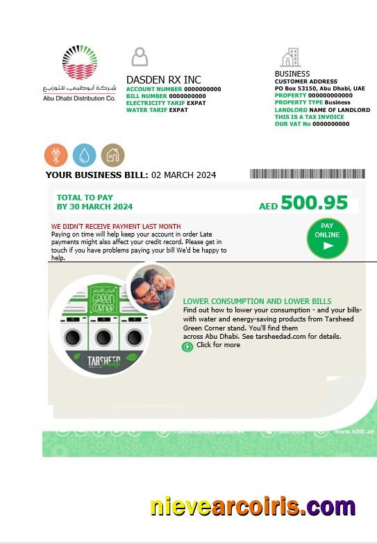 Realistic UAE Abu Dhabi Distribution Co. Business Utility Bill Template In Word And PDF Formats