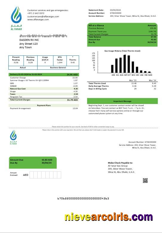 Premium UAE Al Fanar Gas Group Business Utility Bill Template In Word And PDF Formats