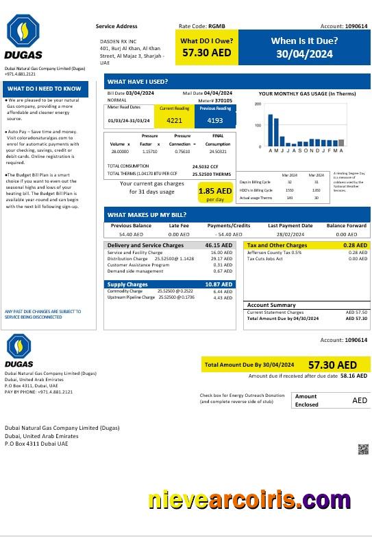 Realistic UAE Dubai Natural Gas Company Limited (Dugas) Business Utility Bill Template In Word And PDF Formats