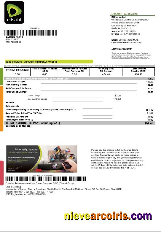 Realistic UAE Etisalat Business Utility Bill Template In Word And PDF Formats