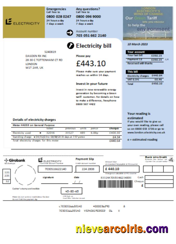 UK Electricity Utility Business Bill, SCR Sample