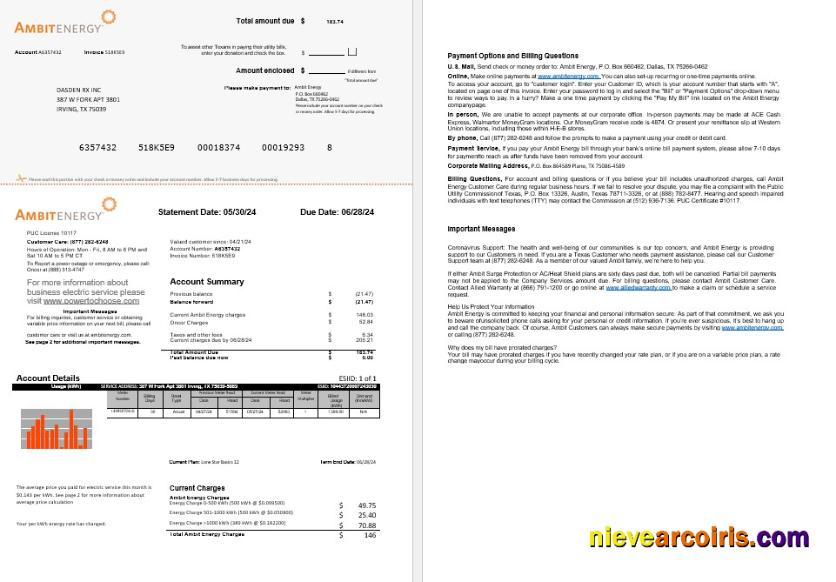 Premium USA Ambit Energy Business Utility Bill Word And PDF Template 1 2 Pages