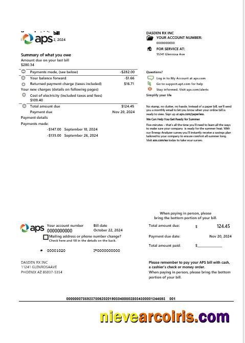 Realistic USA Arizona APS Electricity Proof Of Address Business Utility Bill Template In Word And PDF Formats
