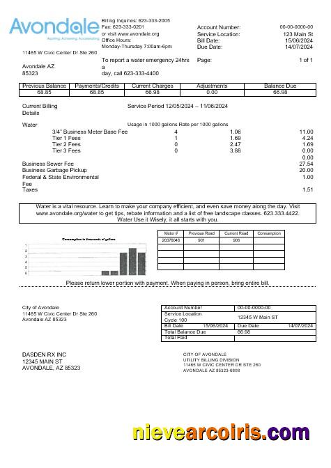 Professional USA Arizona The City Of Avondale Water Business Utility Bill Template In Word And PDF Formats
