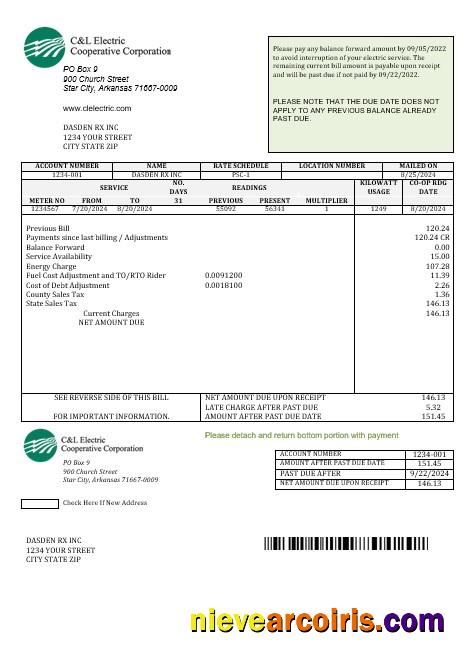 Premium USA Arkansas C & L Electric Cooperative Corporation Business Utility Bill Template In Word And PDF Formats