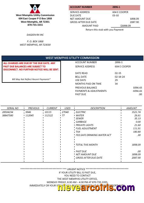 Premium USA Arkansas West Memphis Business Utility Bill Template In Word And PDF Formats