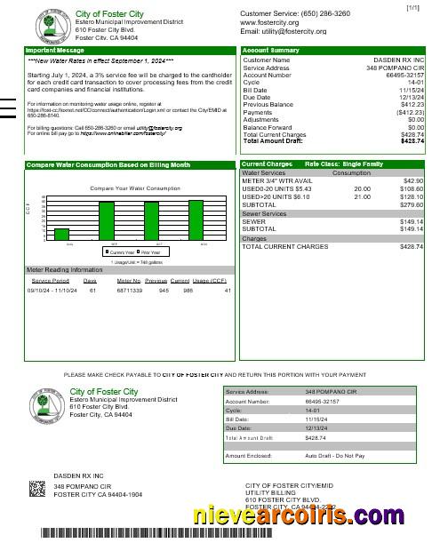 Editable USA CITY OF FOSTER CITY Business Utility Bill Word And PDF Template