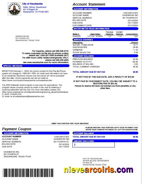 Realistic USA CITY OF WAXAHACHIE Business Utility Bill Word And PDF Template