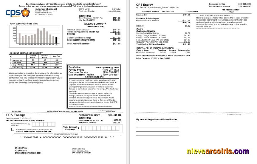 Realistic USA CPS ENERGY Business Utility Bill Word And PDF Template