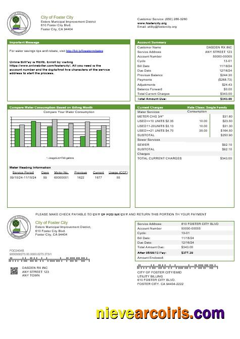 Premium USA California City Of Foster City Business Utility Bill Template In Word And PDF Formats
