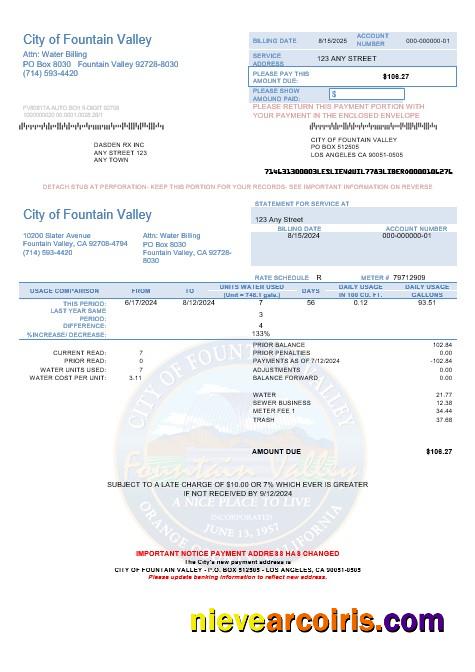 Professional USA California City Of Fountain Valley Business Utility Bill Template In Word And PDF Formats