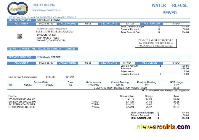 Realistic USA California City Of Oxnard Business Utility Bill Template In Word And PDF Formats
