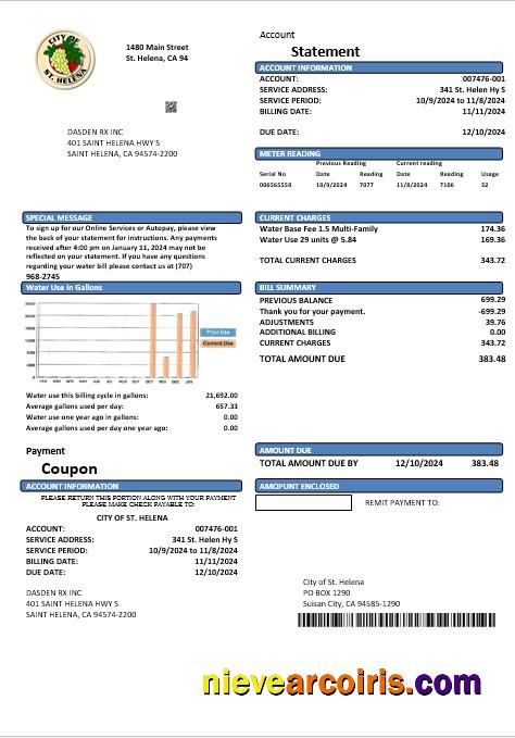 Premium USA California City Of St Helena Business Utility Bill Template In Word And PDF Formats