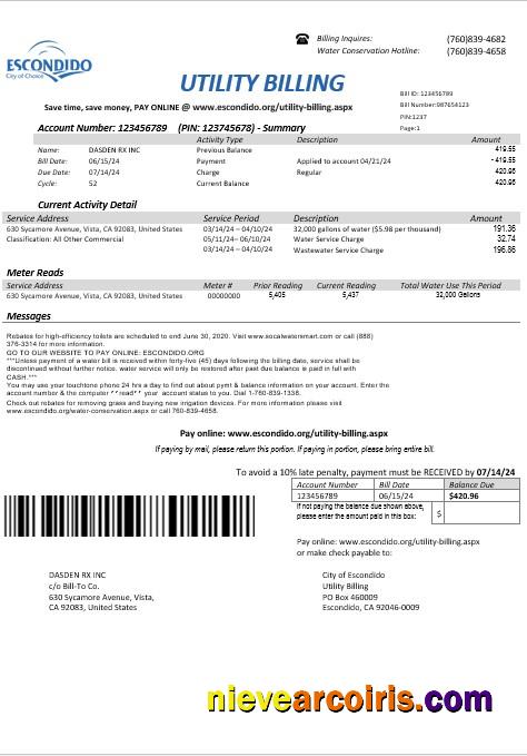 Professional USA California Escondido City Of Choice Business Utility Bill Template In Word And PDF Formats